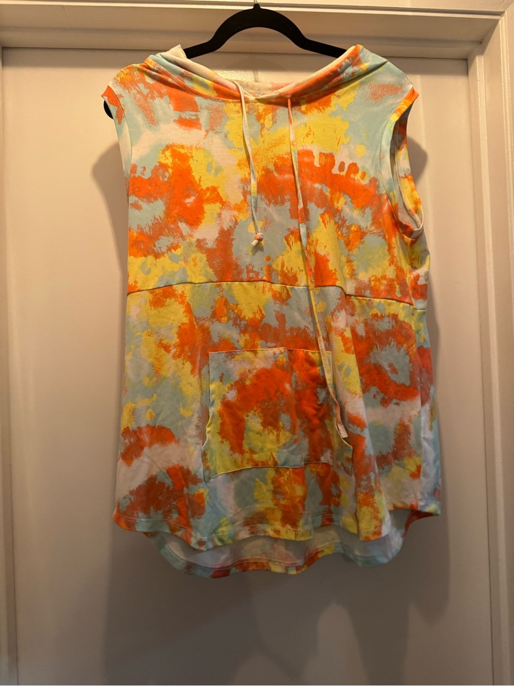 LuLaRoe Brittany Sleeveless Tie-Dye Hooded Tank - Orange, Yellow, Light Blue